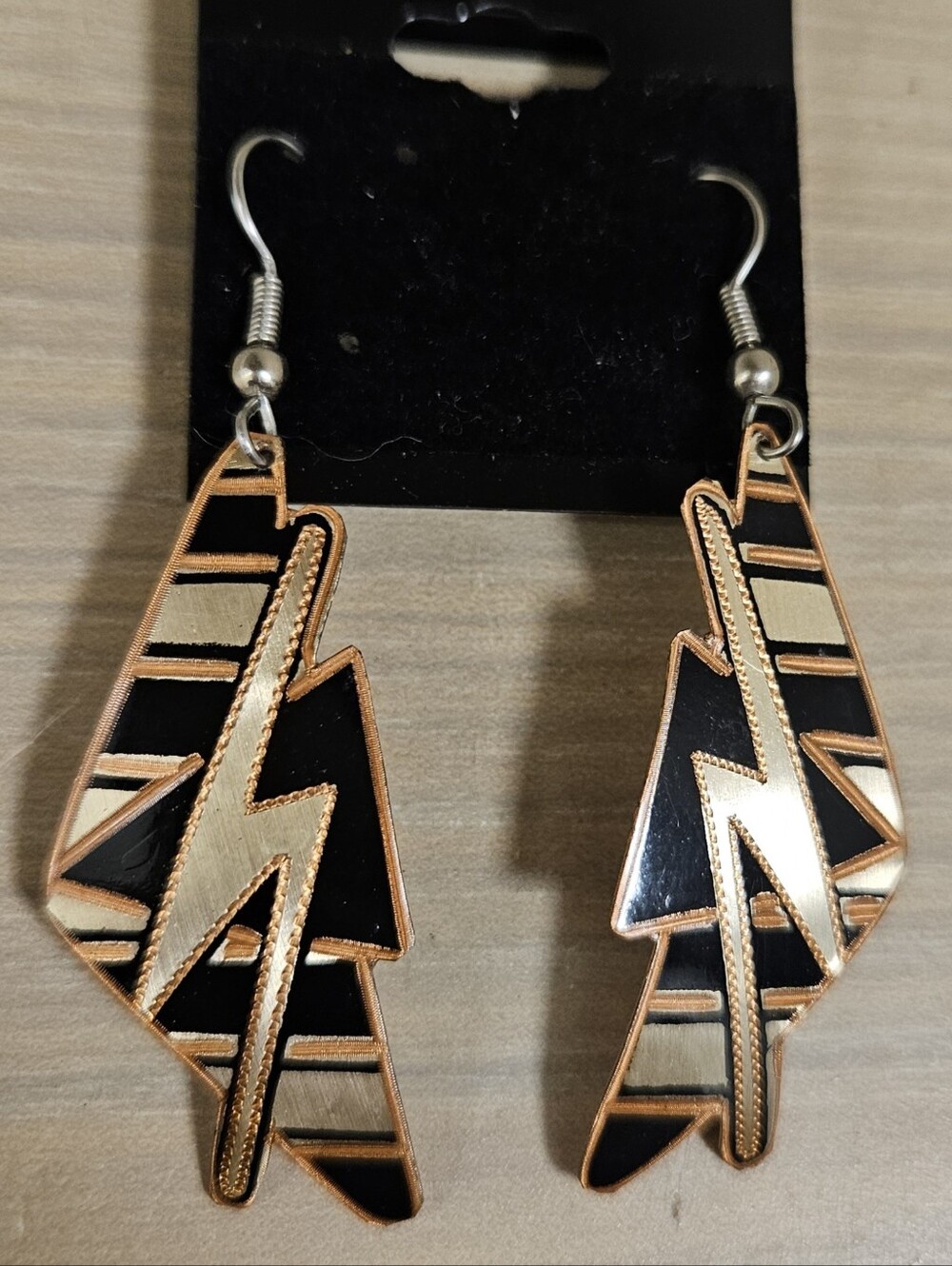VINTAGE LIGHTING BOLT resin inlay geometric Textured COPPER TRIBAL  EARRINGS
